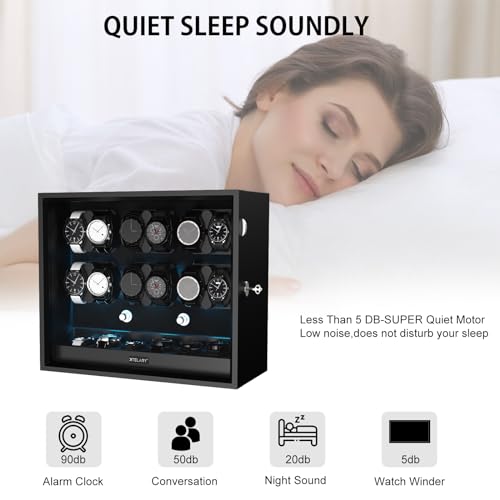 XTELARY Watch Winder for 12 Automatic Watches, Black Lockable Automatic Winders with Extra 6 Watch Storages, 4 Rotation Modes, Flexible Watch Pillows, Quiet Mabuchi Motor, and Blue Backlight