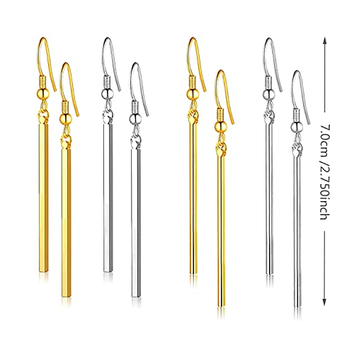 WUWEIJIAJIA 4 Pairs Unique Punk Handmade Long Bar Dangle Earrings Gold Silver Plated Drop Round Bar Line Geometric Earrings Sets for Women (4-Piece Set)