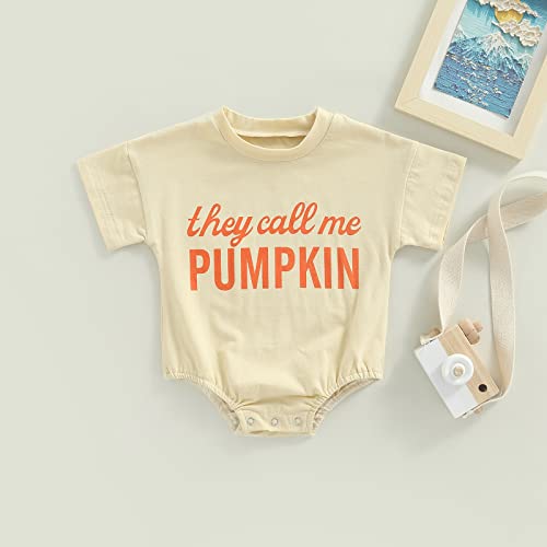 Kayotuas Baby Boys Girls Halloween Romper Oversized Tshirt Onesie Funny Announcement Bodysuit Shirts Cute Halloween Clothes (White&Brown Welcome to our pumpkin patch, 3-6 Months)