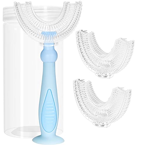 TUSIWIT Kids Toothbrushes U Shaped with 3 PCS Soft Food Grade Silicone Heads for Toddler,Childrens, Full Mouth Tooth Brush for Age 2-6 Years Blue