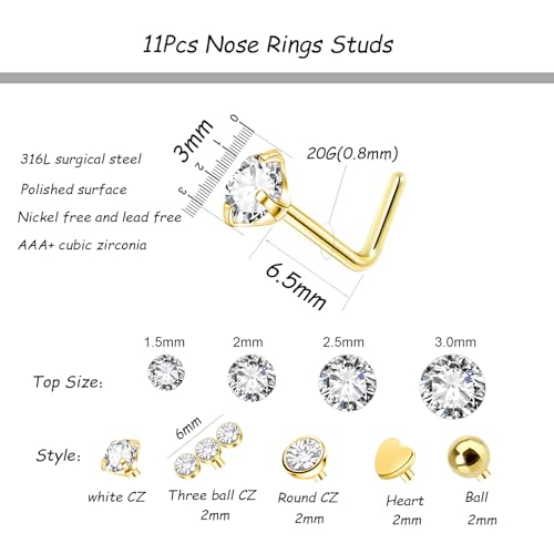 11PCS 20G Gold Nose Rings L Shaped Nose Studs, 316L Surgical Steel Nose Studs Rings Hoops for Women Men Hypoallergenic Tiny CZ Heart Nose Studs 1.5mm 2mm 2.5mm 3mm Nose Piercings Jewelry 8MM (11PCS Silver)