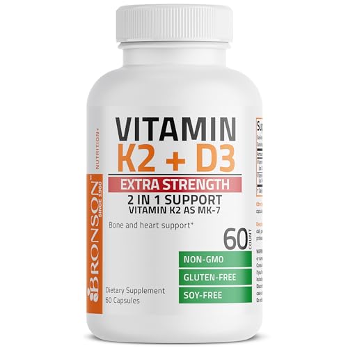 Bronson Vitamin K2 (MK7) with D3 Extra Strength Supplement Bone Health Non-GMO Formula 10,000 IU & 120 mcg MK-7 Easy to Swallow D K, 60 Capsules