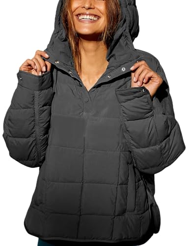 Fiona Jolin Women's Quilted Pullover Puffer Jacket Lightweight Oversized Hoodie Warm Winter Coats Outerwear (Black-S)