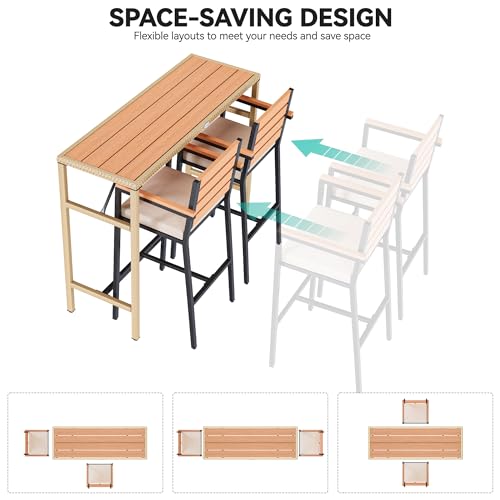 YITAHOME 3-Piece Outdoor Patio Bar Table Set, Outdoor Wicker Patio Bar Height Bistro Furniture Set w/Chairs and Plastic Wood Tabletop for Dining, Patios, Backyard, Gardens and Balcony, Light Brown