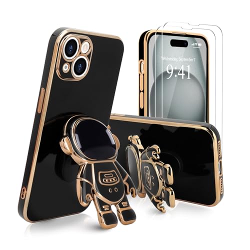 Pepmune for iPhone 15 Case, Cute 3D Astronaut Stand with [2 Screen Protector] [Camera Protection] Kickstand Shockproof Bling Silicone Soft Cover for Apple iPhone 15 Phone Case, Blue