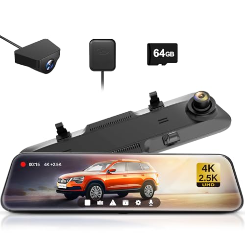 WOLFBOX G900 Rear View Mirror Camera, Mirror Dash Cam 4K Front and 2.5K Rear, Smart Full 12’’ Touch Screen, Backup Camera for Car, GPS, WDR, Night Vision, Included 64GB Card