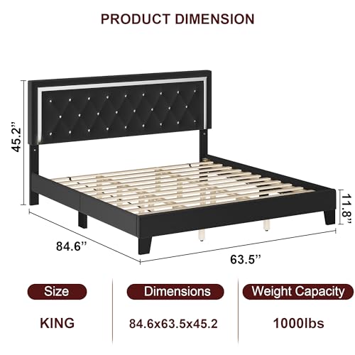 HITHOS King Bed Frame, Upholstered Platform Bed Frame with Modern Adjustable Headboard, Diamond Tufted Mattress Foundation with Wooden Slat Support, No Box Spring Needed, Easy Assembly (King, Black)