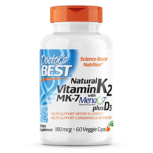 Doctor's Best Natural Vitamin K2 with MK-7, 180mcg Plus D3 1000IU, Non-GMO, Gluten Free, Vegetarian, Soy Free, 60 Veggie Caps