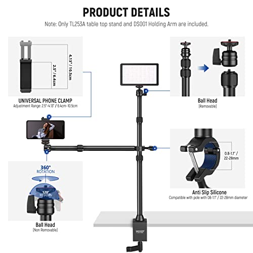 NEEWER TL253A+DS001 Table Camera Tripod with 2 Telescopic Arms, Phone Holder, Ball Heads, Screw Adapter, Table Light Stand for Camera, Mobile Phone, Webcam, Ring Light