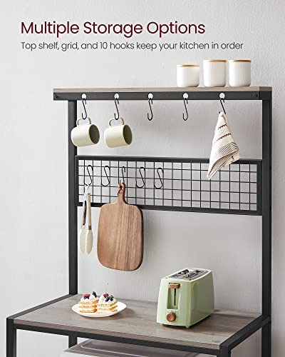 VASAGLE Bakers Rack, Coffee Bar, Kitchen Storage Shelf Rack with 10 Hooks, 3 Shelves, Adjustable Feet, for Microwave Oven, 15.7 x 33.1 x 66.9 Inches, Industrial, Greige and Black UKKS017B02