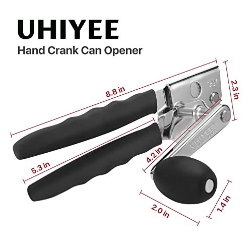 Commercial Can Opener, UHIYEE Hand Crank Can Opener Manual Heavy Duty with Comfortable Extra-long Handles, Oversized Knob, Large Handheld Can Opener Easy for Big Cans, Black