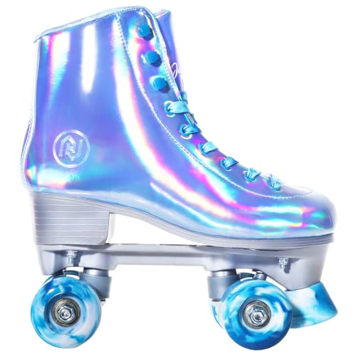 JajaHoho Roller Skates for Women, Holographic High Top Faux Leather Rollerskates, Shiny Double-Row Four Colour Frozen Wheels Quad Skates for Girls and Age 8-51 Indoor Outdoor (Very Peri Blue, Size 3)