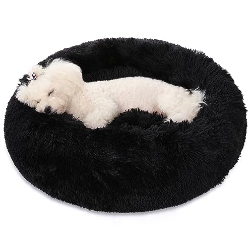 Kimpets Dog Bed Calming Dog Beds for Small Medium Large Dogs - Round Donut Washable Dog Bed, Anti-Slip Faux Fur Fluffy Donut Cuddler Anxiety Cat Bed(20"/27"/35") (Small, Black)