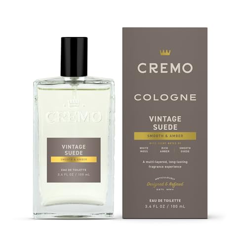 Cremo Cologne for Men - Vintage Suede Mens Cologne Spray- A Combination of White Moss, Rich Amber, and Smooth Suede, Fragrances For Men, 3.4 Fl Oz