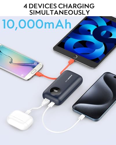 AYEWAY 10,000mAh Mini Portable Charger with Built-in Cable,USB C Fast Charging Power Bank with 4 outputs,External Battery Pack Phone Charger for iPhone,Samsung,Android,5V USB Heated Vest,Heated Jacket