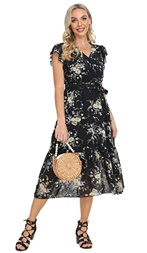 VintageClothing Womens Sundress Casual Floral Summer Boho Dress Flowy Wrap V Neck Ruffle A-Line Pleated Hem Midi Dresses, L