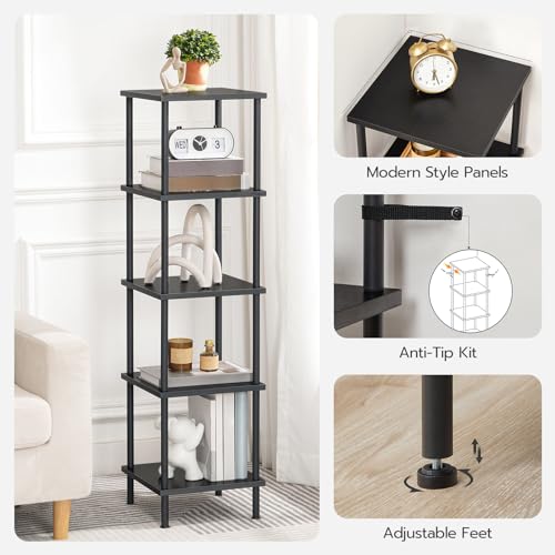 HOOBRO 5-Tier Corner Shelf Stand, Corner Square Rack Display Shelf, Tall Storage Rack Plant Stand, Corner Bookcase for Small Spaces, Living Room, Home Office, Kitchen, Black BK50CJ01