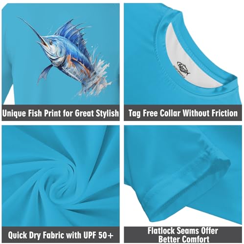 Palmyth Boys Fishing Shirt Youth Long Sleeve T-Shirt UPF 50+ Sun Protection (Blue Sky/Swordfish, S)