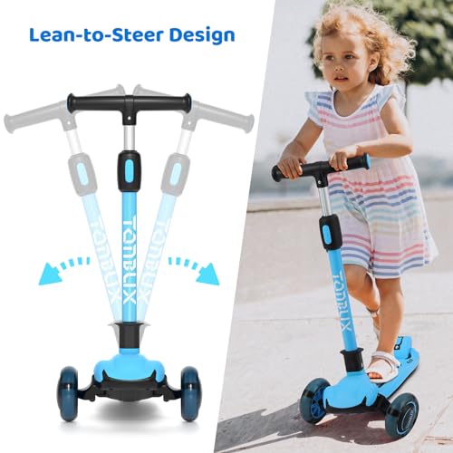 TONBUX Kids Scooter, Light Up 3 Wheel Scooters for Kids 5-7, Folding Toddler Scooter with Adjustable Height, Lean-to-Steer & Widen Anti-Slip Deck - Blue