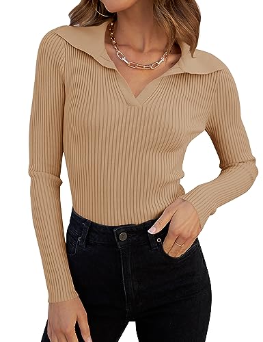 ZESICA Sweaters for Women 2024 Fall Long Sleeve V Neck Ribbed Knit Pullover Tops Casual Slim Fit Basic Tee Shirts,Navy,Large
