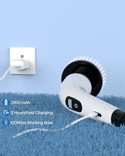 Wevenad Electric Spin Scrubber,Shower Scrubber IPX7 Waterproof with 8 Replaceable Brush Heads and Adjustable Removable Extension Handle,3 Adjustable Speeds,Suitable for Bathtub Tile Floor (White)