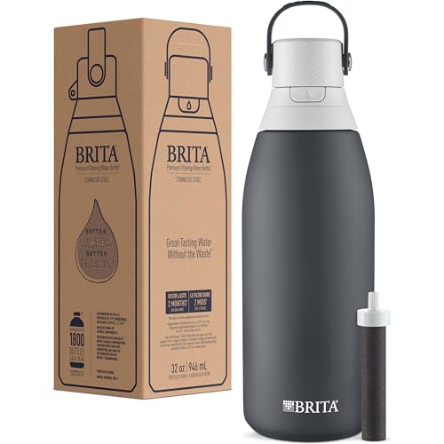 Brita Stainless Steel Premium Filtering Water Bottle, BPA-Free, Reusable, Insulated, Replaces 300 Plastic Water Bottles, Filter Lasts 2 Months or 40 Gallons, Includes 1 Filter, Carbon - 32 oz.