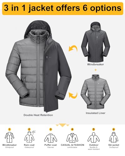 33,000ft Men's Waterproof 3-in-1 Ski Jacket, Warm Mountain Windbreaker Snow Rain Jackets Winter Coat with Puffer Jacket