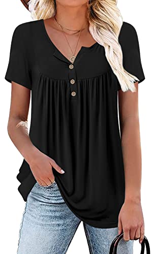POPYOUNG Women's 2024 Summer Short Sleeve Tunic Tops Spring Casual Henley Shirt Loose Blouses M, Macaron Flower And Grass