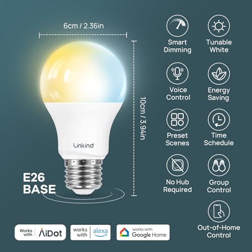 Linkind Alexa Light Bulbs, Soft White to Daylight Tunable (2700K-6500K), Smart Light Bulbs, Work with Alexa & Google Home, CRI>90, 2.4GHz Wi-Fi & Bluetooth LED, A19 E26, 800LM, 60W Equivalent (2-Pack)