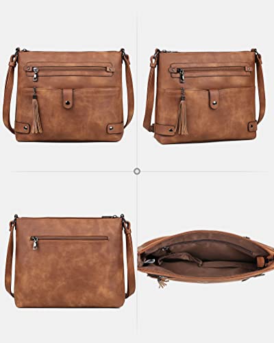 FADEON Large Crossbody Bags Purses for Women Crossbody Bag, Designer Leather Cross Body Purse Multi Pocket Shoulder Bag Brown