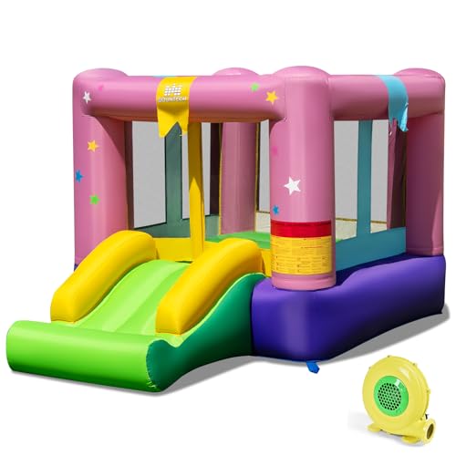 BOUNTECH Inflatable Bounce House, Bouncy House for Kids 3-12 Indoor Outdoor w/480W Blower, Jumping Area, Slide, Basketball Game, Mini Bounce House for Toddler Boys Girls Birthday Party Backyard Gifts