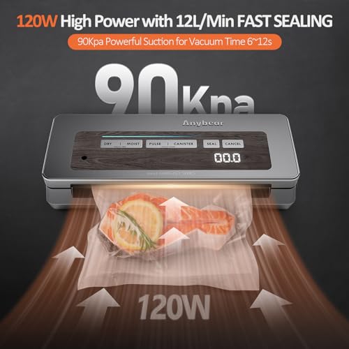 Anybear Vacuum Sealer Machine, 90kPa 120W Wide Seal All-IN-1 Powerful Food Storage, Build-in Cutter | Bags Storage | Digital Countdown Display | 2 Bag Rolls and 5pcs Pre-cut Bags (Gray)