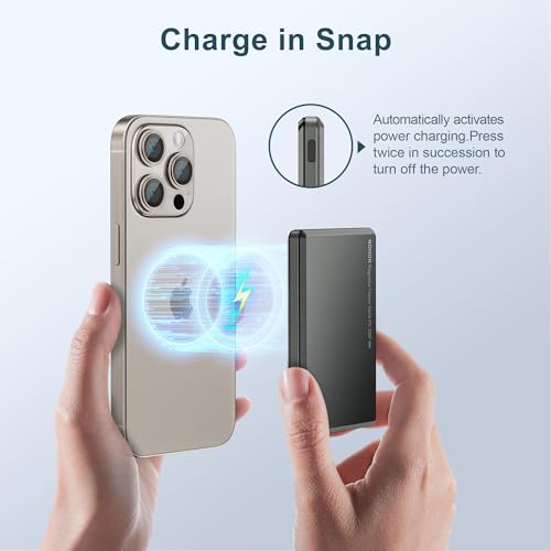 NOHON Mag-Safe Charger Battery Pack, 5000mAh 8mm Ultra Slim Compact Magnetic Power Bank, PD 20W Fast Charging Wireless Portable Charger for iPhone 15/14/13/12/Pro Max Series, Tarnish (Tarnish)