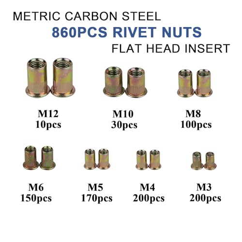TR TOOLROCK 860pcs Rivet Nut Kit, Metric Rivet Nuts Assortment M3 M4 M5 M6 M8 M10 M12, Zinc Plated Finish, Carbon Steel Flat Head Insert Threaded Rivet Nut Tool Kit with Case