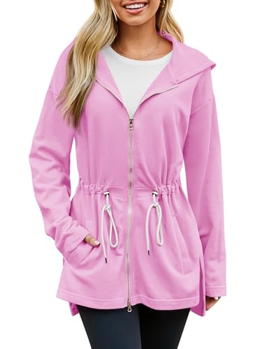 Fisoew Women's Zip Up Hoodie Sweatshirts Oversized Long Sleeve Casual Drawstring Waist Side Slit Tunic Tops (US, Alpha, Small, Regular, Regular, Black)
