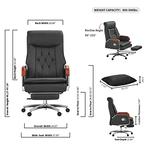 Kinnls Cameron Massage Chair Genuine Leather Executive Office Chair for Long Hours Ergonomic Home Chair Fully Reclining with Pillow,Retractable Footrest and Adjustable Headrest (Cowhide Leather-Black)