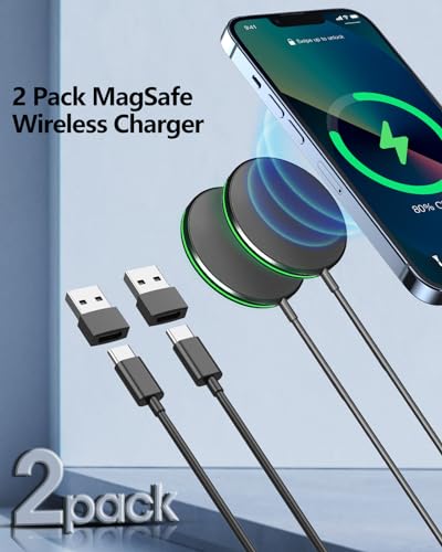 2 Pack Magnetic Wireless Charger 15W Fast Apple Mag-Safe Charger for iPhone 16/15/14/13/12 Series Magnet Wireless Charging Pad for AirPods 3/2/Pro Mag Safe Charger with 5ft Dual Charging Port Cable