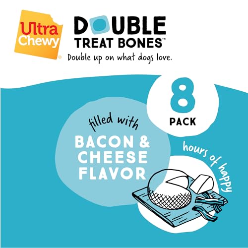 Ultra Chewy Double Treat Bones: Long-Lasting Dog Treats Made in USA for Large and Small Breeds, Highly Digestible, Ideal for Aggressive Chewers (Bacon & Cheese, 24 Count)