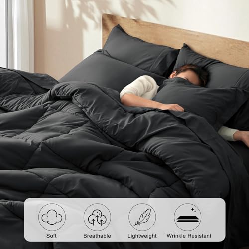 PHF 5 Pieces Twin Comforter Set Black, Bed in a Bag Comforter & 18" Sheet Set All Season, Ultra Soft Noiseless Bedding Sets with Comforter, Sheets, Pillowcase & Sham
