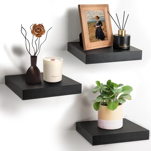 Sorbus Square Floating Shelf for Wall - 3 Small Shelves with Invisible Mounting Brackets for Living Room Decor, Bedroom, Bathroom Decor, Home & Kitchen - 9" Black Wall Shelf to Display Photos Trophies