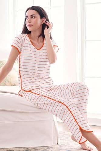 FKEEP Stripe Pajamas Set Women Two-Piece Nightwear Short Sleeve Sleepwear Soft Side Split Loungewear Pjs Sets(Wine Red and White,Medium)