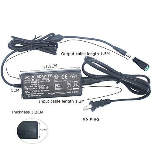 Litever Power Supply, LED Transformer, 12VDC 3 Amps,110VAC to 12V DC, Max Output 3A, 36W. Standard 110VAC US Input Plug, 5.5mm x2.1mm Output Connector, for LED Light Strip and More
