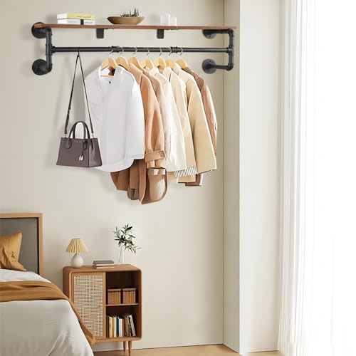 Yawinhe Industrial Pipe Clothing Rack with Shelves, Wall Mounted, Space Saving Closet Rod with 4 Bases, for Shops, Homes, 41.3''Lx10.2''Wx10.2''H, Rustic Brown, 1-Pack