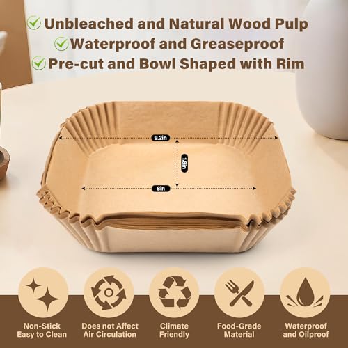 Air Fryer Liners Disposable, 125pcs Non-stick Disposable Airfryer Liners, 8 Inch Unbleached Parchment Paper, Square Air Fryer Paper Liners for 5-8QT Air Fryer, Baking, Roasting Microwave