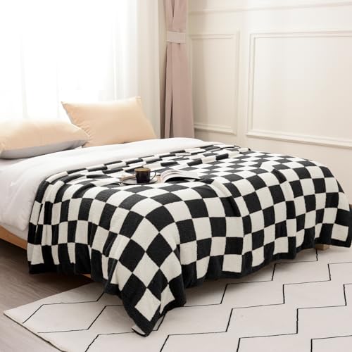 PHF Checkered Twin Blanket, Soft Knit Fluffy Aestheic Grid Blanket, Cozy Lightweight Checkerboard Fleece Blanket for Couch Bed Sofa, Sage Green, 60" x 80"