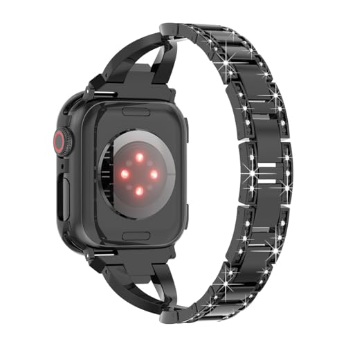 HJINVIGOUR Compatible Apple Watch Diamond Case Protective Cover Bling Rhinestone Crystal Metal Alloy Band Strap Series 9 8 7 6 5 4 45mm 41mm 44mm 40mm (40mm, Black)