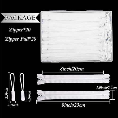 Nylon Coil Zipper 8 Inch 20 Pcs White Zipper,with 20 Pcs White Zipper Pull,Zippers for Sewing,Pounches,DIY,Crafts,Bags