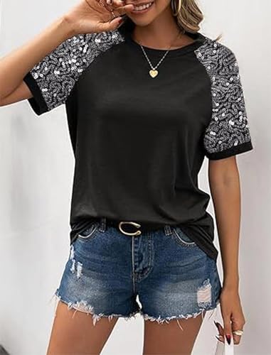 Women Sequined Splicing Short Sleeve T-Shirt Fashion Sparkle Sequin Party Tops Glitter Summer Beach Vacation Tee Shirt(Black,S)