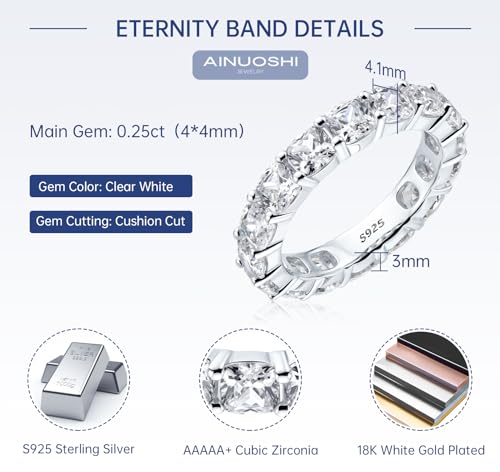 AINUOSHI 5.6mm Sterling Silver Emerald Cut Eternity Band Cz Engagement Ring Zirconia Wedding Band Size 4 to10 (10)