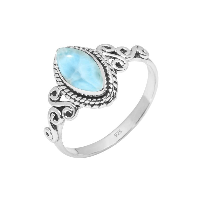 Larimar Stone Ring 925 Sterling Silver Statement Ring For Women and Girls Handmade Rings Natural Gemstone Ring Promise Ring For Christmas Size US 5 Gift For Her